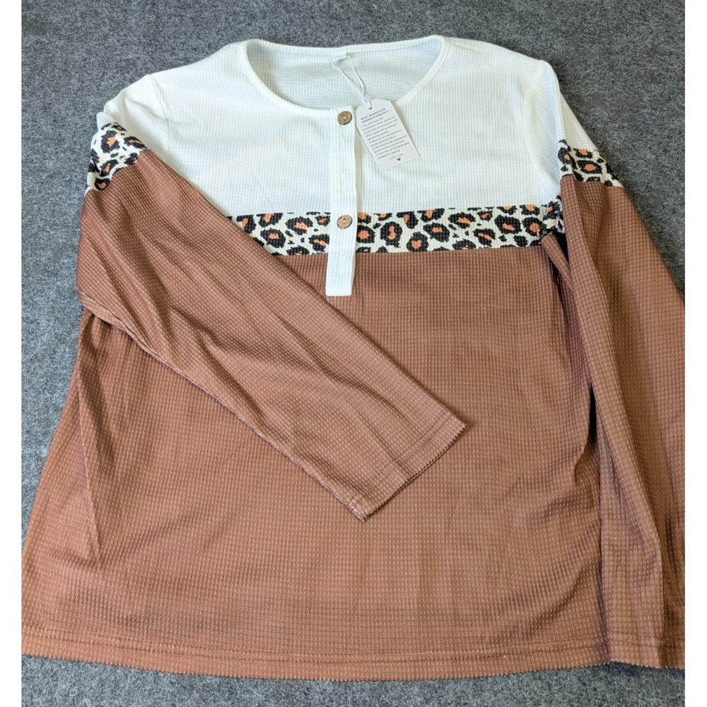 Made with Love Women's Large Long Sleeve Henley Shirt Casual Waffle Weave